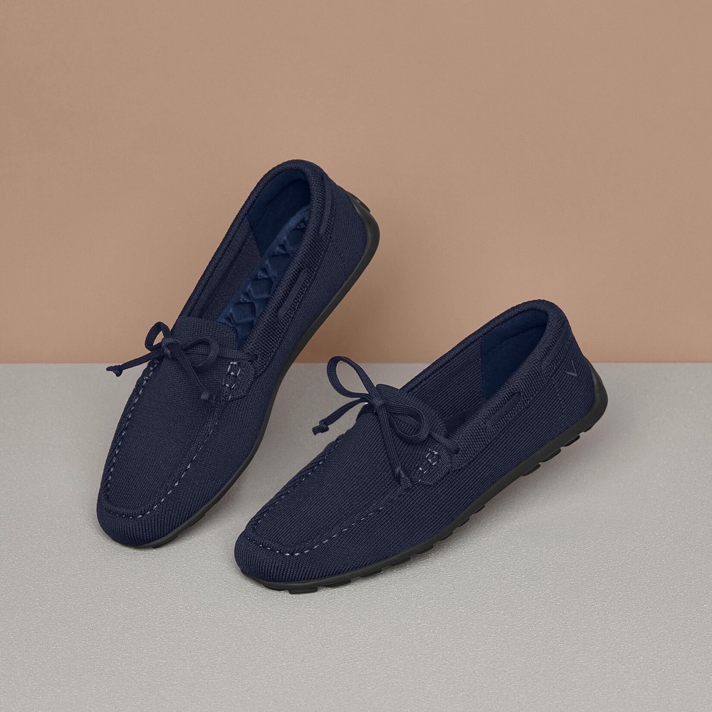 Vivaia Navy Knit Loafers Square Toe Driving Mocs Blue Bow Flats New US 9 EU 40 - Picture 3 of 15